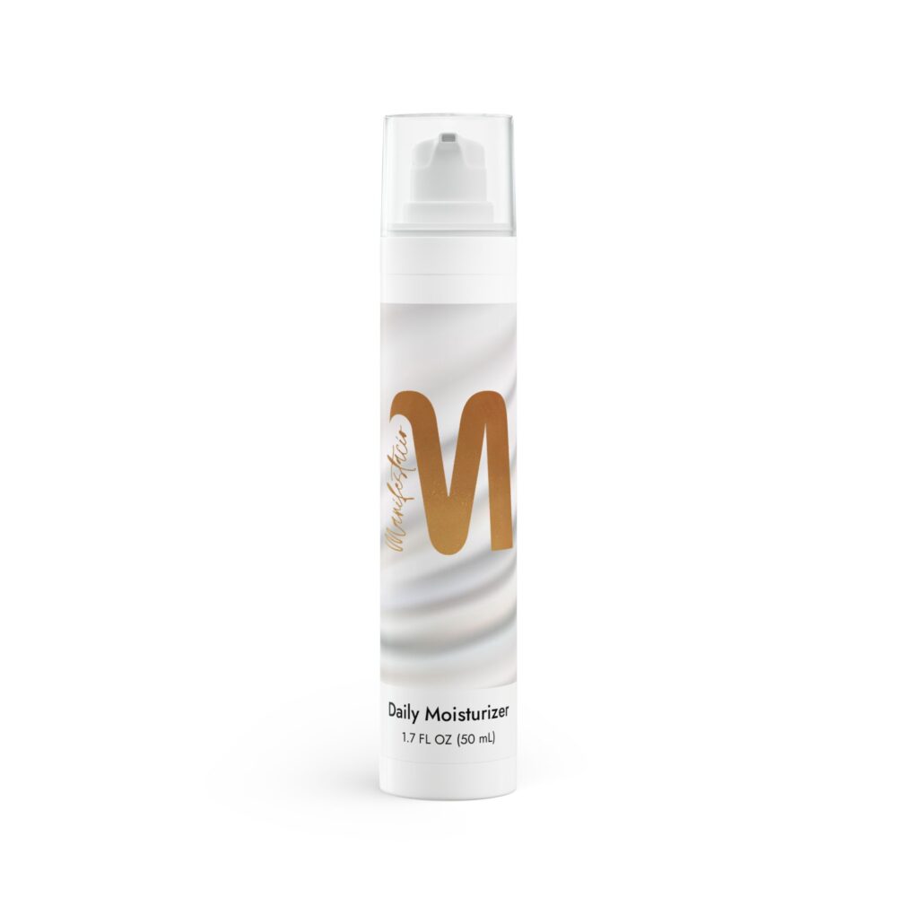 MANIFESTACIO BEAUTY - Daily Moisturizer.  Meet your next favorite moisturizer, your go-to solution for hydrated, radiant skin. Shipped in a 1.7 fl. oz. (50 ml) white plastic bottle with a convenient airless pump, this moisturizer is a must-have in your skincare routine.  Specifically formulated for dry, acne-prone skin, it deeply moisturizes without feeling heavy, regulating oil production for a balanced complexion. Rich in soothing ingredients, it helps calm irritation while providing antioxidant action against environmental stressors. Plus, it's 100% vegan, cruelty-free, and packaged in recyclable materials.  Made in the USA from globally sourced ingredients, this moisturizer ensures quality and effectiveness you can trust, every day.