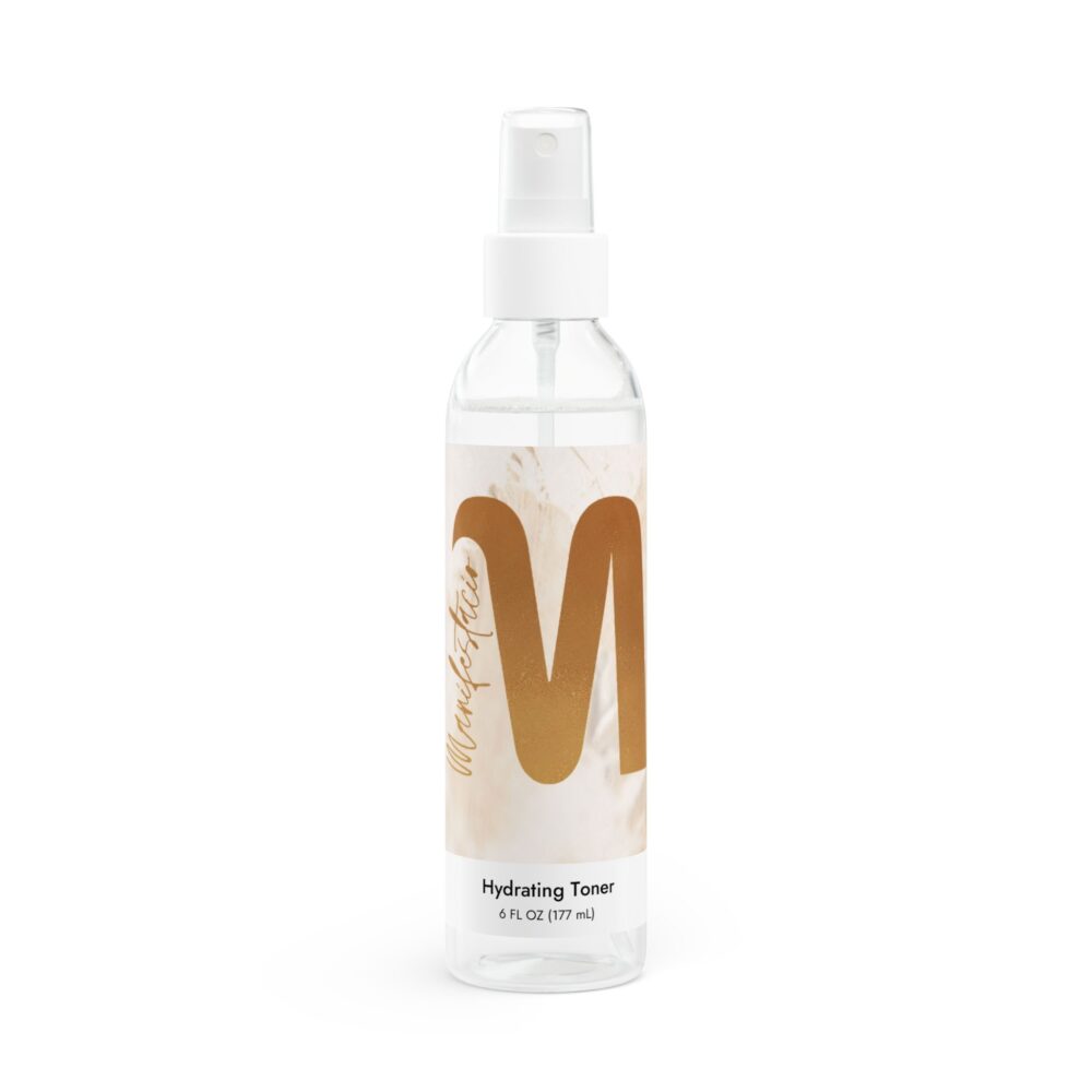 MANIFESTACIO BEAUTY - Hydrating Toner. This hydrating toner aims to be your secret to refreshed and nourished skin. Packaged in a 6 fl. oz. clear PET bottle with a white fine-mist sprayer, this toner is as convenient as it is effective. Perfect for dry, dehydrated, or acne-prone skin, it hydrates, soothes, balances, and nourishes, leaving your complexion glowing and revitalized.  Fragrance-free and crafted with 100% vegan, cruelty-free ingredients, it's not just good for your skin but also for the planet.