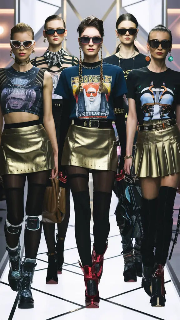 Metallic skirts, graphic tees, futuristic sunglasses, funky boots