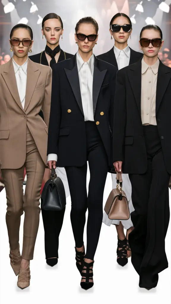 Tailored blazers, classic white shirts, structured handbags, neutral tones