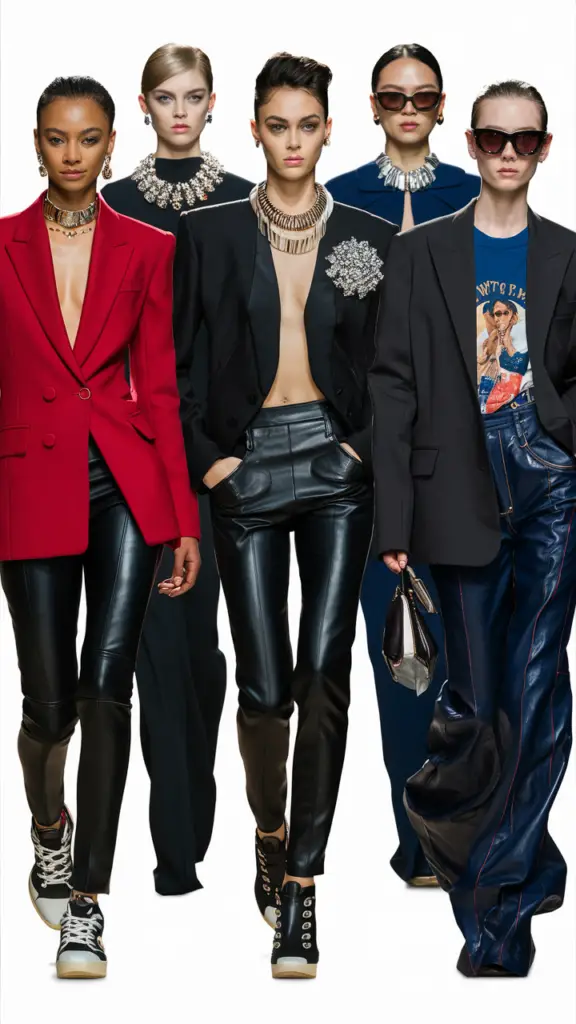 A stunning fashion showcase image featuring five diverse European models, each exuding confidence as they strut down the runway. The first model is dressed in a chic red blazer, paired with form-fitting leather pants and statement sneakers. The second model sports a bold, layered necklace, while the third model wears a dazzling statement brooch. The fourth model showcases a unique blend of casual and formal attire, wearing a tailored blazer over a trendy graphic tee. The fifth model completes the ensemble with a sleek pair of sunglasses, adding a touch of sophistication and style. The overall atmosphere is one of elegance and refinement, immersing the audience in a world of fashion innovation and high-end design.