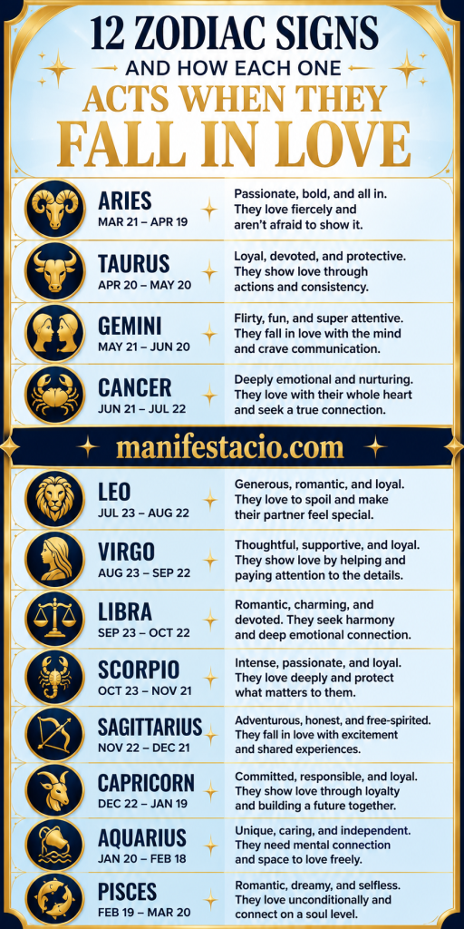 Discover how each zodiac sign acts when they fall in love, from bold Aries to dreamy Pisces, and learn to read every sign's love language.